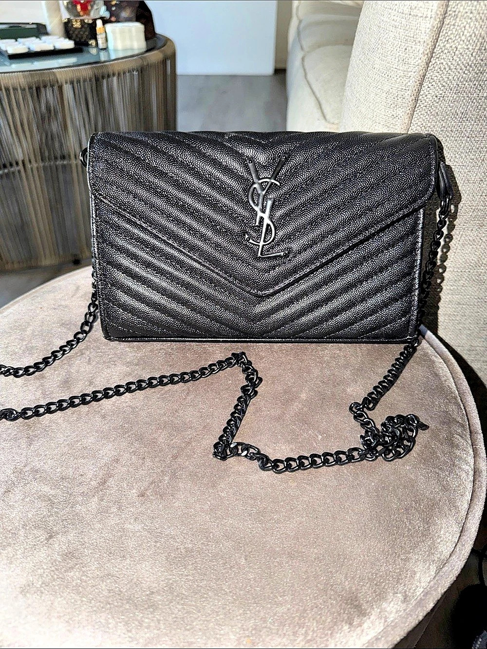 Yves Saint Laurent Cassandre Envelope Chain Wallet Black YSL